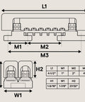 Diagram of Hardcore 12V Power Distribution Terminal Block And Battery Bus Bar Kit dimensions with labeled measurements and details.