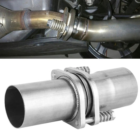 Stainless Steel Flange Repair Pipe Kit With Spring For Fast Leak Seal And Quick Install Universal Fit For 2.75 Inch Tubing, close-up view of the kit installed on tubing.