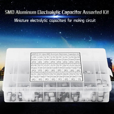 400Pcs SMD Aluminum Electrolytic Capacitor Kit With 24 Values From 1uF To 1000uF 6.3V To 50V Includes Storage Box
