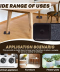 Heavy Duty 8 Pack 3 Inch Square Furniture Sliders With Carpet Base, shown under table legs and close-up of carpet surface