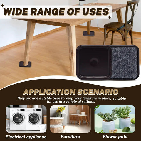 Heavy Duty 8 Pack 3 Inch Square Furniture Sliders With Carpet Base, shown under table legs and close-up of carpet surface