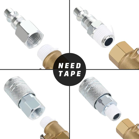 Image of Three Eighth Inch High Flow Pro Grade Air Compressor Fittings Kit with M Type Plug, 3/8 inch male threads steel construction.