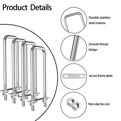 Stainless Steel Square Bend U Bolts Set With Nuts And Frame Plate For Boat Trailer Tube M10x70x200mm Heavy Duty U Bolts