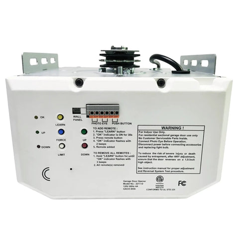 Rear view of white Overhead Garage Door Opener With Heavy Duty Chain Drive For Single Or Double Doors showing control panel and wiring.