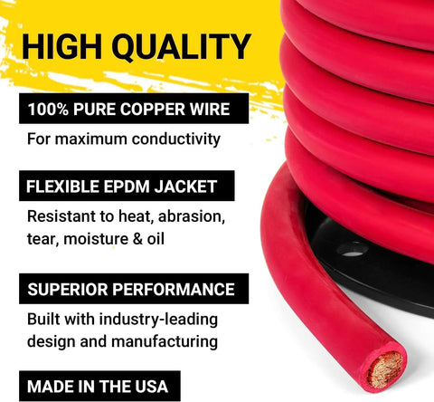 Beefy 600 Volt Welding Lead And Car Battery Cable 1/0 AWG Copper Wire 20 Foot Red Bulk Automotive Grade For DIY Projects High Flex Heavy Duty Power Cable