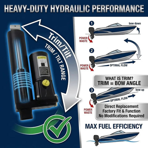 Diagram of Beefed-Up Outboard Power Trim And Tilt Motor Assembly Replacement For 75-115HP Boats showing hydraulic performance and trim angle.