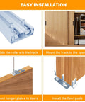 Four Foot Aluminum Bypass Door Hardware Set For Two Door System With Finger Pulls Fits Door Thickness One And Three Eighths To One And Three Quarters Inches Delivers Quiet, Smooth Sliding And Space Saving Installation, showing installation steps and components
