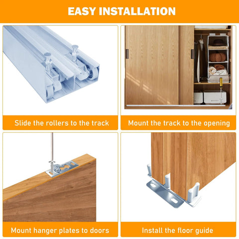 Four Foot Aluminum Bypass Door Hardware Set For Two Door System With Finger Pulls Fits Door Thickness One And Three Eighths To One And Three Quarters Inches Delivers Quiet, Smooth Sliding And Space Saving Installation, showing installation steps and components