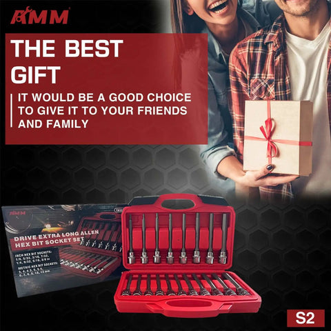 Image of Three Eighths Inch Drive Extra Long Allen Hex Socket Set, 19 Piece SAE And Metric, with red carry case and gift box.