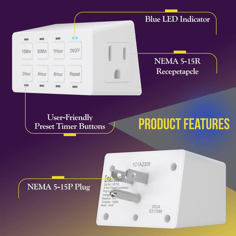 No Fuss Plug And Play Digital Outlet Timer Featuring An Eight Hour Countdown Switch with user-friendly preset buttons.