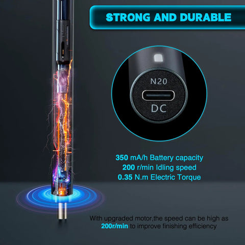 Close-up of a 95 In 1 Mini Electric Screwdriver Kit with rechargeable cordless power showing LED display and strength features.