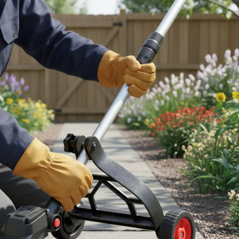 Person adjusting a Universal String Trimmer Wheel Support attaches to a Weed Eater for lawn edging in a garden setting.