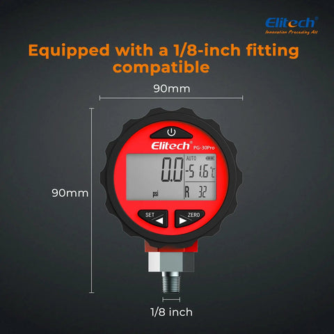 Pro Grade Two Way AC Manifold Gauge with digital pressure readout, 1/8-inch fitting, dual temperature, supports R134A, R12, R22, R410A