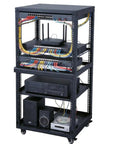 Straight Up 20U Open Frame Network Server Rack Rolling On Heavy Duty Caster Wheels And Loaded With Dual Slide Out Shelves.