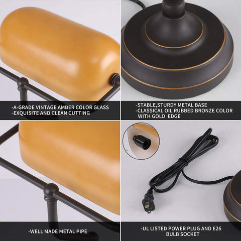 Detailed features of Jade Green Glass Vintage Banker Desk Lamp With Antique Brass Finish, including base, cord, and amber shade.