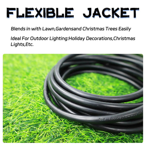 Heavy Duty Outdoor Extension Cord Waterproof 10 Feet Black 3 Prong Grounded Plug 16 Awg 13 Amp Weather Proof Power Cable coiled on grass.