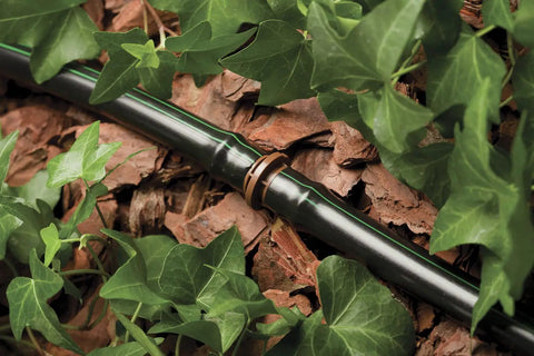 Pro Grade One-Half Inch Drip Irrigation Distribution Tubing Fifty Foot Roll in black among green leaves and mulch