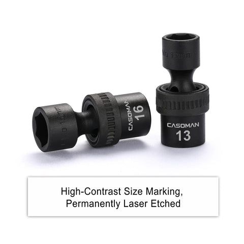 15 Piece 3/8 Inch Drive Universal Impact Socket Set, 6-Point Metric, 8mm To 22mm, Flex Socket Design For 360 Degree Angling, Heavy Duty Chrome Molybdenum Steel With Black Oxide Finish
