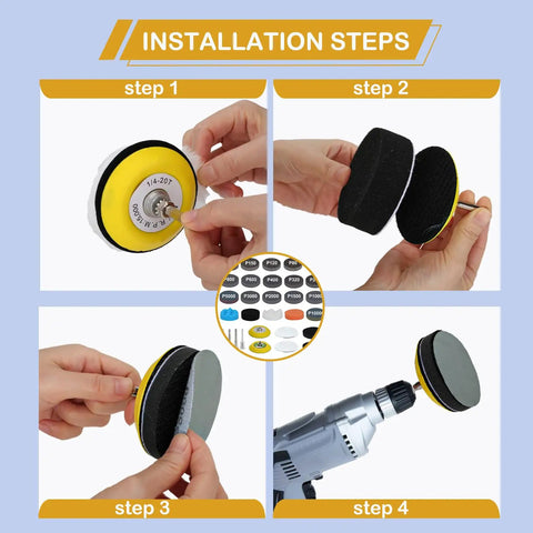 Installation steps for All In One 174 Pcs 3 Inch Sanding Discs Kit with Grit 60 to 10000 for drills and rotary tools.