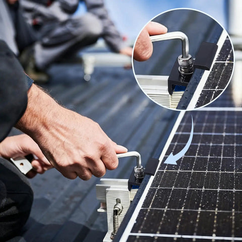 Hella Rugged Solar Panel End Clamps 20 Piece Set For Standard Unistrut Aluminum Rails With Included Nuts And Bolts being installed on a rooftop.
