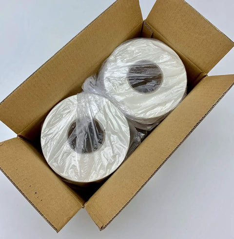 4 Rolls Of 4X6 Inch Direct Thermal Shipping Labels With 3 Inch Core 4000 Count For Industrial Printers Heavy Duty Stock in a cardboard box.