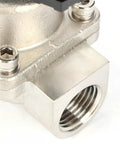 1/2-inch stainless steel solenoid valve body with a female threaded port, side view