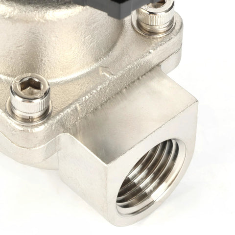1/2-inch stainless steel solenoid valve body with a female threaded port, side view
