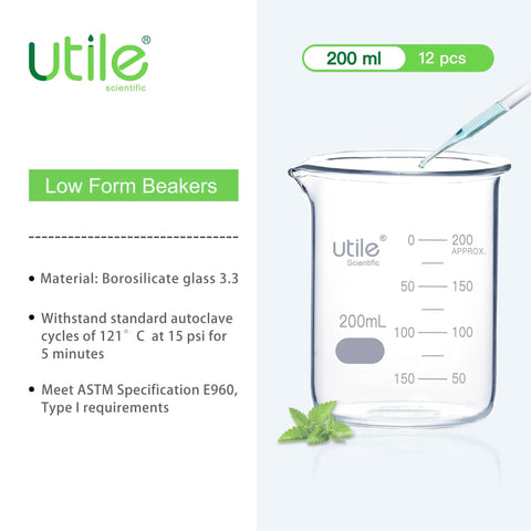12 Piece Glass Beaker Set 200ml Each With Spout Dual Scale Printed Graduation Heavy Duty Lab Glassware For Home Lab And Classroom
