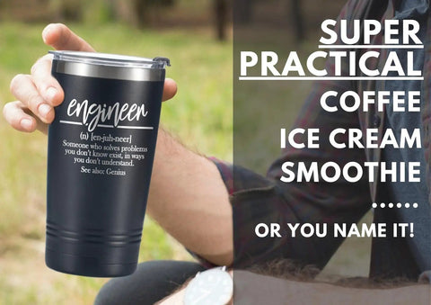 Engineer Gift Coffee Mug For Curious Minds, 20oz Stainless Steel Travel Tumbler With Spill Proof Lid, held outdoors