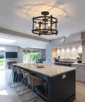 Dope Industrial Semi Flush Mount Ceiling Light With Four Lights Modern Metal Fixture illuminating a kitchen island.
