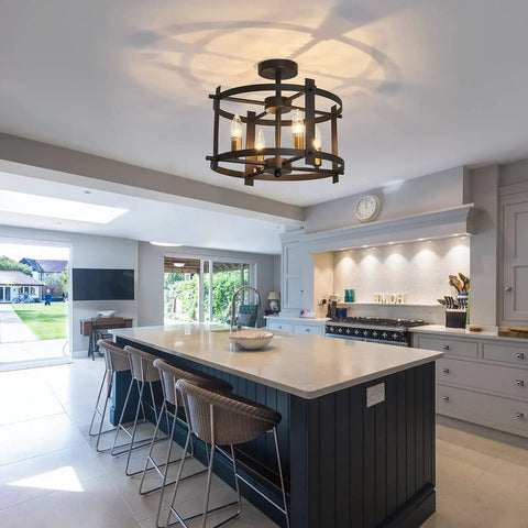 Dope Industrial Semi Flush Mount Ceiling Light With Four Lights Modern Metal Fixture illuminating a kitchen island.
