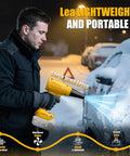 Person using Beast Cordless Leaf And Dust Blower With 20V Battery Brushless High Speed Motor to remove snow from car