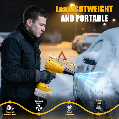 Person using Beast Cordless Leaf And Dust Blower With 20V Battery Brushless High Speed Motor to remove snow from car