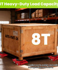 Heavy Duty Machinery Skates 4 Pack With 17,637 Lb Capacity moving an 8-ton wooden crate in a warehouse