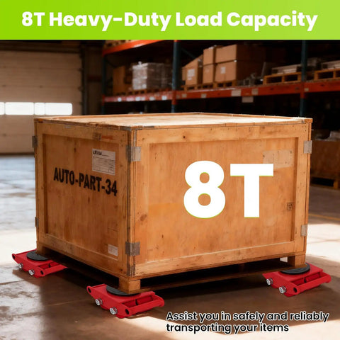 Heavy Duty Machinery Skates 4 Pack With 17,637 Lb Capacity moving an 8-ton wooden crate in a warehouse
