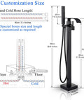 Matte Black Free Standing Tub Faucet With Hand Shower Floor Mounted Brass Tub Filler, dimensions and hose customization details.