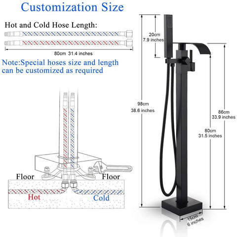 Matte Black Free Standing Tub Faucet With Hand Shower Floor Mounted Brass Tub Filler, dimensions and hose customization details.