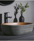 SDVantage Countertop Bathroom Sinks Ceramic Carving/Oval Bathroom Sink Handmade Countertop Vessel Bathroom Sink 15.7 X 10.6 X 5.1 Inches with wood finish.