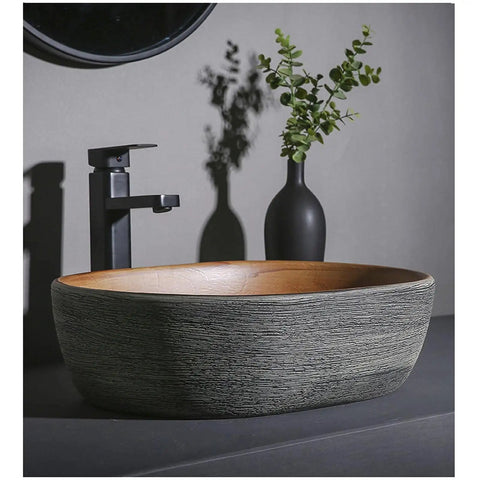 SDVantage Countertop Bathroom Sinks Ceramic Carving/Oval Bathroom Sink Handmade Countertop Vessel Bathroom Sink 15.7 X 10.6 X 5.1 Inches with wood finish.