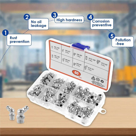 Top Tier Metric Grease Fitting Kit With 180 Pc Galvanized Zerk Nozzles For Vehicle And Engine Maintenance Featuring Anti-Leak Spring Check Valves To Keep Your Machine Running Smooth And Leak Free Like A Boss. 60-pc M6 M8 M10 kit in organizer case