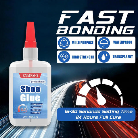 Two In One Shoe Glue With Brush And Nozzle For Sole And Heel Repair, Clear Instant Bonding For Rubber Leather And More, Fast Drying Waterproof Adhesive That Sticks Like A Charm, Anti Clog Cap product image showing packaging and features.