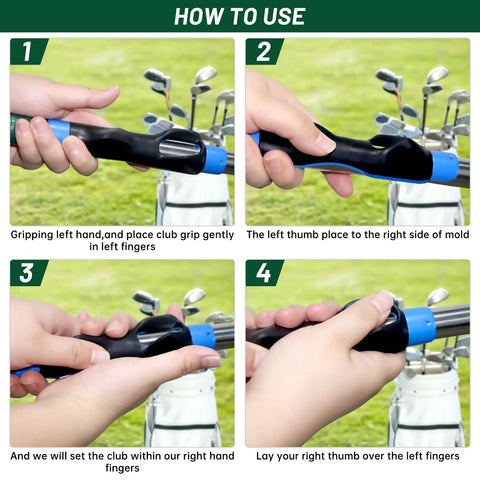 Steps to use 2 Pack Golf Grip Trainer Set For Right Hand, features grip alignment and hand position for golf clubs.