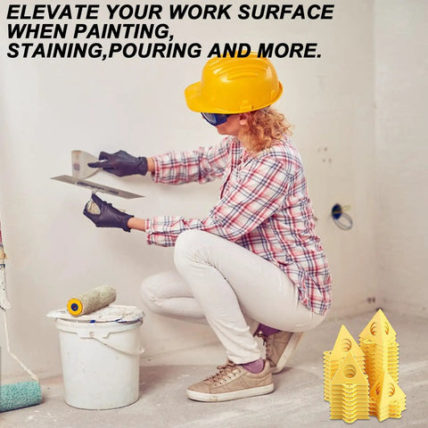 40 Piece Painter Pyramid Stands Set for Triangle Cone Paint Tripods and Door Riser Support Handy Diy Woodworking Tools for Elevation Painters Pyramids for Cabinets and Crafts Durable Reusable Plastic Stands for Studio Painting, featuring a DIY worker in studio setting with stands.