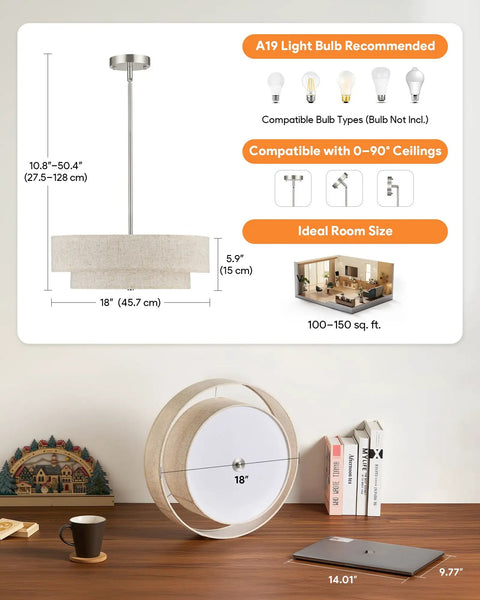 White Semi Flush Mount Ceiling Light Fixture With 12 Inch Drum Chandelier, 3 Light Fixture for room dimensions and bulb details.