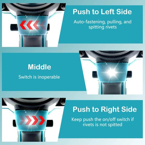 SignalSparkle Brushless Cordless Rivet Gun 21V switch instructions for auto-fastening and operation display.