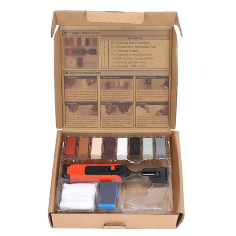 Open box displaying Handy Heating Pen Tile Repair Kit with 8 color wax blocks for ceramic tiles and porcelain.
