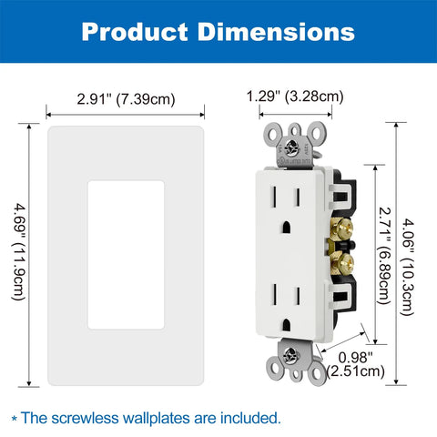 Thirty Pack 15 Amp Decorator Receptacle Outlet With Screwless Wall Plate Included, 15A 125V 1875W dimensions diagram