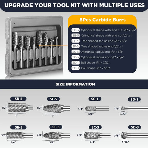 Double Cut Carbide Burr Set Eight Pieces Heavy Duty Tungsten Carbide Rotary Burrs one quarter inch shank in case