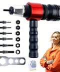 Electric Rivet Gun Adapter for Drill Complete Kit with Heavy Duty Rivet Nut Tool and mandrels M3-M10 with woman in orange suit