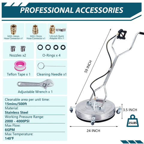 Heavy Duty Twenty Four Inch Pressure Washer Surface Cleaner For Driveways Features Pro Grade Stainless Steel dual spin nozzles.